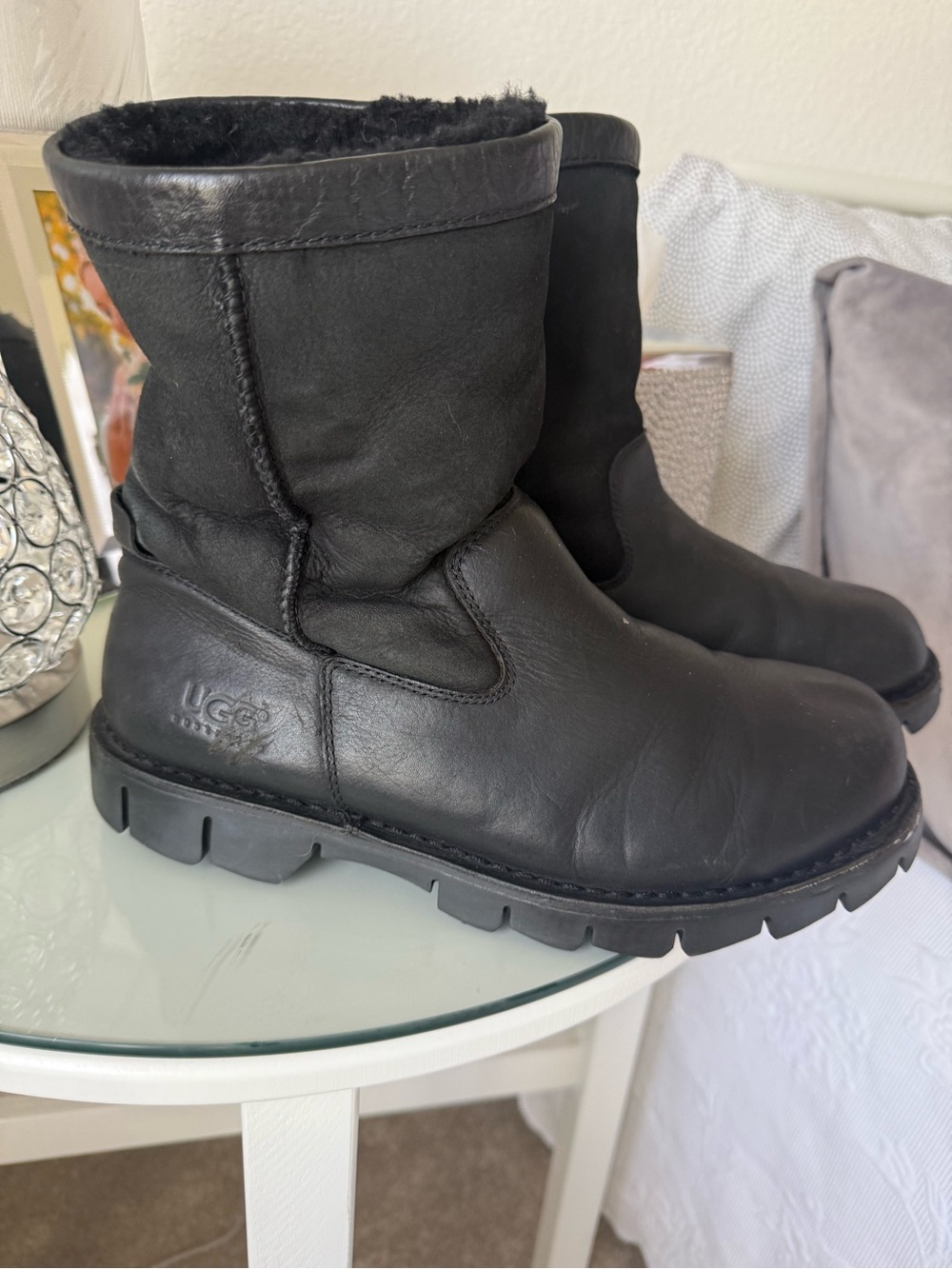 UGG Black Leather Short Shearling Boots